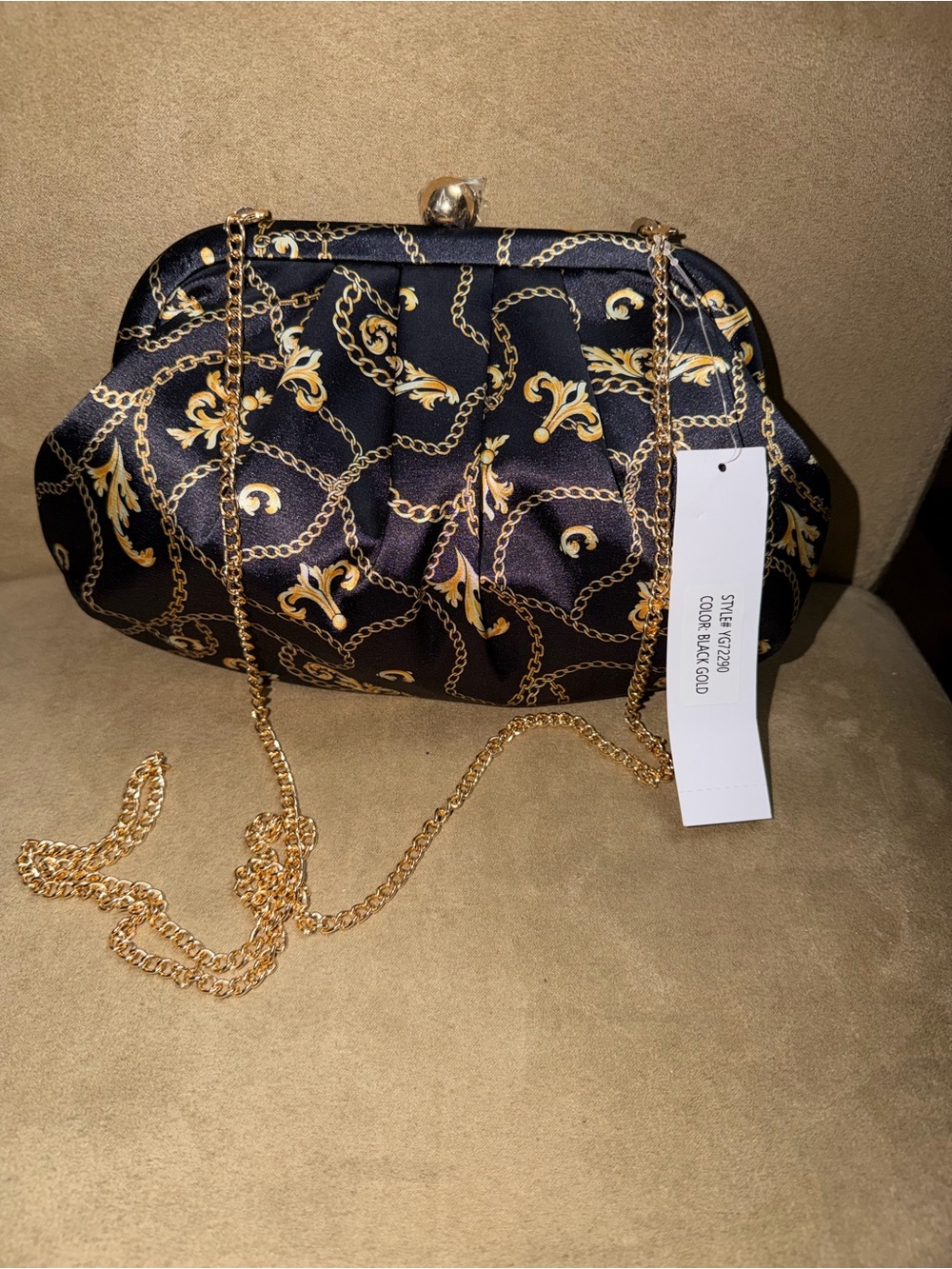 Black Satin Evening Clutch with Gold Chain & Baroque Print